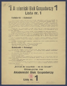 [Afisz] : [Incipit:] Koleżanki i koledzy! Tyle już zapisano papieru na marginesie wyborów bratniackich, że nasuwa się potrzeba zdementowania na zimno nonsensów dotychczasowej kampanii i wypowiedzenia ostatniego słowa [...] / Akademicki Blok Gospodarczy.