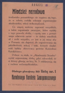 [Ulotka] : [Incipit:] Młodzież narodowa środowiska poznańskiego nie wypiera się tego, że w sobotę rozbila zebranie organizacyjne akademickiej sekscji wolnomyślicieli [...] / Narodowy Komitet Samopomocowy.