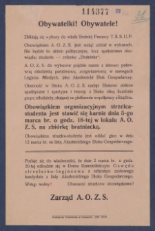 Obywatelki! Obywatele! : [Incipit:] Zbliżają się wybory do władz Bratniej Pomocy T.S.S.U.P. [...].