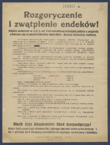 [Ulotka] : [Incipit:] Rozgoryczenie i zwątpienie endeków! : Klęska endeczek w S.O.S.-ie! Cała narodowa młodzież polska z pogardą odwraca się od paszkwilów endeckich. Endecy bojkotuja wybory [...] / Akademicki Blok Gospodarczy.