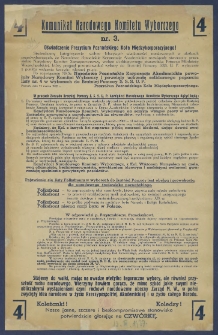 [Ulotka] : [Incipit:] Komunikat Narodowego Komitetu Wyborczego nr 3: oświadczenie Prezydium Poznańskiego Koła Międzykorporacyjnego! Stwierdzamy kategorycznie wobec fałszywych wiadomości rozsiewanych w ulotkach przedwyborczych, że Narodowe Poznańskie Korporacje Akademickie rozwiązały stworzony przez siebie Narodowy Komitet Samopomocowy [...].