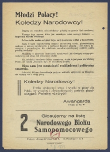 Młodzi Polacy! Koledzy Narodowcy! : [Incipit:] Dążymy do zespolenia całej młodzieży polskiej na gruncie idei narodowej. Wymaga tego sprawa, kt&oacute;ra jest naczelnym celem naszego działania - Imperium Narodu Polskiego [...] 2 Głosujemy na listę Narodowego Bloku Samopomocowego