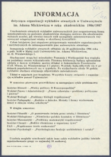 [Afisz] : [Incipit:] Informacja dotycząca organizacji wykład&oacute;w otwartych w Uniwersytecie im. Adama Mickiewicza w Poznaniu w roku akademickim 1986/87 [...].