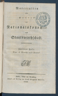 Materialien zur Kritik der National&ouml;konomie und Staatswirthschaft.