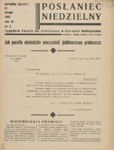 Posłaniec Niedzielny: organ Parafii św. Stanisława BM w Mieście Ostrowie Archidiec. Poznańskiej 1937.02.21 R.11 Nr8