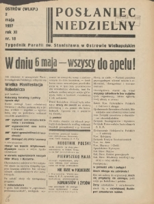 Posłaniec Niedzielny: organ Parafii św. Stanisława BM w Mieście Ostrowie Archidiec. Poznańskiej 1937.05.02 R.11 Nr18