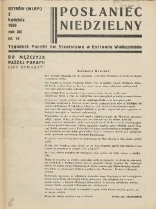 Posłaniec Niedzielny: organ Parafii św. Stanisława BM w Mieście Ostrowie Archidiec. Poznańskiej 1938.04.03 R.12 Nr14