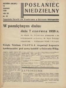 Posłaniec Niedzielny: organ Parafii św. Stanisława BM w Mieście Ostrowie Archidiec. Poznańskiej 1938.06.12 R.12 Nr24