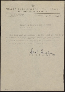 [Zawiadomienie] : [Nagroda Artystyczna] : dla Tadeusza Szeligowskiego : [1957]