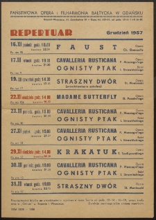 [Repertuar] : Państwowa Opera i Filharmonia Bałtycka w Gdańsku : [grudzień 1957]