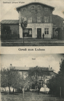 Gru&szlig; aus Luban. Gasthaus Johann Wojtek. Saal.