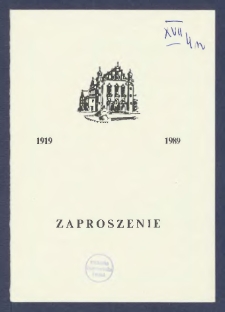 1919-1989 : Zaproszenie [Incipit:] Rektor i Senat Uniwersytet im. Adama Mickiewicza mają zaszczyt zaprosić na uroczystości organizowane dla uczczenia 70-tej rocznicy inauguracji (7 maja 1919 r.) Uniwersytetu Poznańskiego : uroczyste posiedzenie Senatu UAM, AM, AR, AWF odbędzie się w Auli Uniwersyteckiej w poniedzałek 8 maja 1989 r. o godz. 10-tej