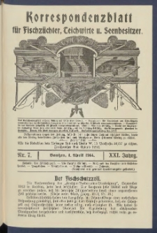 Korrespondenzblatt f&uuml;r Fischz&uuml;chter, Teichwirte und Seenbesitzer: Organ des Vereins Deutscher Teichwirte 1914.04.01 Jg.21 Nr7