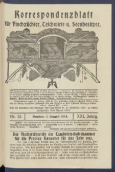 Korrespondenzblatt f&uuml;r Fischz&uuml;chter, Teichwirte und Seenbesitzer: Organ des Vereins Deutscher Teichwirte 1914.08.01 Jg.21 Nr15