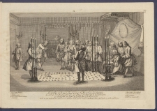 Assembl&eacute;e de Francs-Ma&ccedil;ons pour la Reception des Maitres: Le Second Surveillant fait le signe de Maitre et va chercher le Recipiendaire, qui est pour lors en dehors de la Loge avec le Frere Terrible...