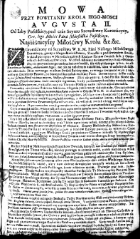 Mowa przy powitaniu Króla Iego Mosci Augusta II. od Izby Poselskiey, pod czas Seymu Szczęśliwey Koronacyey, ore, Iego Mośći Pana Marszałka Poselskiego