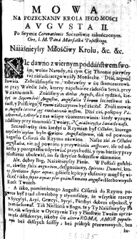 Mowa na pożegnaniu Kr&oacute;la Iego Mosci Augusta II po Seymie Coronationis Szczęśliwie zakończonym. Ore, I. M. Pana Marszałka Poselskiego