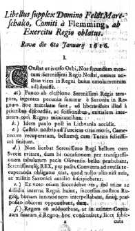 Libellus supplex Domino FeldtMareschalco, Comiti a Flemming, ab Exercitu Regio oblatus. Ravae die 6ta Januarii 1616.