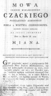 Mowa Jasnie Wielmoznego Czackiego Podczaszego Koronnego Posła w Wdztwa Cherniechows: Ordarow Polskich Kawalera na Sessyi Seymowey Dnia 21. Aprilis R. 1789. miana