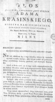 Głos Jasnie Wielmoznego JMci Xiędza Adama Krasinskiego, Biskupa Kamienieckiego, Kawalera Orderu Orła Białego na Sessyi Seymowey Dnia 18. Sierpnia, Roku 1789. in Turno miany