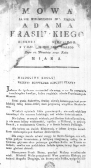Mowa Jasnie Wielmoznego JMci Xiędza Adama Krasińskiego Biskupa Kamienieckiego Kawalera Orderu Orła Białego Dnia 17. Września 1790. Roku miana