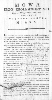 Mowa Jego Krolewskiey Mci Dnia 3go Miesiąca Maia Roku 1792. w Kosciele Swiętego Krzyza miana