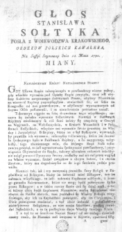 Głos Stanisława Sołtyka Posła z Woiewodztwa Krakowskiego, Orderow Polskich Kawalera, na Sessyi Seymowey dnia 21. Maia 1792. miany