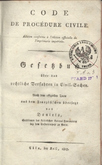 Code de proc&eacute;dure civile; Gesetzbuch ueber das rechtliche Verfahren in Civil-Sachen