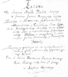 Kazanie na Imieniny Patronki Doroty Swiętey w Imieniu Iaśńie Oświeconey Xiężny Doroty z Broniszow Jabłonowskiey Woiewodźiny, y Generałowy Ziem Rawskich, Miedzyrzeckiey, Swickiey etc etc. Starośćiny Pańi y nayosobliwszey Dobrodźieyce moiey. Oddane w szczegulnośći do manuscriptow Iaśńie Oswieconey y Przeświętney Familij. Zapisane y offiarowane tak, iak się napisało, opowiedźiało, y ogłośiło publiczńie przy assystencij godnego Auditora. Przez X: Marcina Wenclewicza Proboszcza Bńinskiego Roku Pańskiego: 1759. Dnia 6. Lutego. w Kaplicy Racackiey