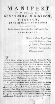 Manifest JO. JW. Jchmciow Panow Senatorow, Ministrow y Posłow, na Seym Walny Warszawski zgromadzonych. Do Akt Grodzkich Warszawskich Dnia 11. 8bris 1786. Roku zaniesiony