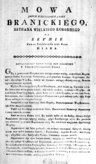 Mowa Jasnie Wielmoznego J. Pana Branickiego, Hetmana Wielkiego Koronnego na Seymie Dnia 24. Października 1786. Roku miana