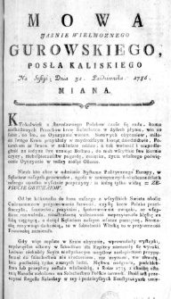 Mowa Jasnie Wielmoznego Gurowskiego, Posła Kaliskiego na Sessyi Dnia 31. Października. 1786. miana