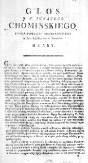 Głos J. W. Ignacego Chominskiego, Posła Powiatu Oszmianskiego w Izbie Poselskiey dnia 6. Nowembra. miany