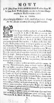 Mowy J. W. JMci Pana Wielhorskiego Kuchmistrza W. X. Litt: Posła Wołyńskiego, miane na Seymie Ordynaryinym Warszawskim 1766. Dnia 11. Octobris