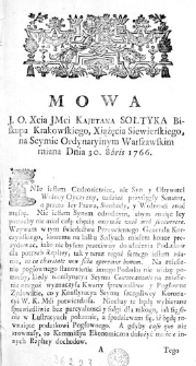 Mowa J. O. Xcia JMci Kajetana Sołtyka Biskupa Krakowskiego, Xiążęcia Siewierskiego, na Seymie Ordynaryinym Warszawskim miana Dnia 30. 8bris 1766.