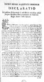 Sacrae Regiae Majestatis Borussiae Declaratio Reipublicae Polonorum Confaederatae exhibita a subscripto Ministro Plenipotentiario in Comitiis Regni Anno 1766. habitis