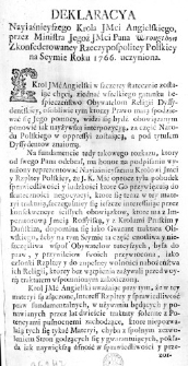 Deklaracya Nayiaśnieyszego Krola JMci Angielskiego, przez Ministra Jegoż JMci Pana Wrougthon Zkonfederowaney Rzeczypospolitey Polskiey na Seymie Roku 1766. uczyniona