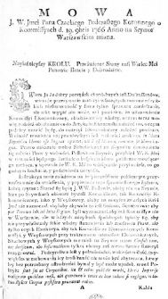 Mowa J. W. Jmci Pana Czackiego Podczaszego Koronnego o Kommissyach d. 19. 9bris 1766 Anno na Seymie Warszawskim miana