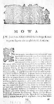 Mowa J. W. Jmci Pana Czackiego Podczaszego Koronnego na Seymie die 20. 9bris 1766. A. miana