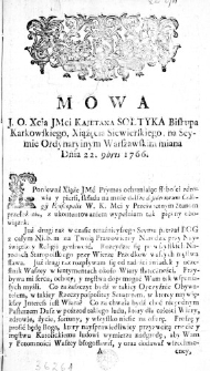 Mowa J. O. Xcia JMci Kajetana Sołtyka Biskupa Karkowskiego, Xiążęcia Siewierskiego, na Seymie Ordynaryinym Warszawskim miana Dnia 22. 9bris 1766.