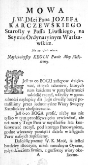Mowa J. W. JMci Pana Jozefa Karczewskiego Starosty y Posła Liwskiego, na Seymie Ordynaryinym Warszawskim. Die 27. 9bris miana