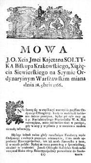 Mowa J. O. Xcia Jmci Kajetana Sołtyka Biskupa Krakowskiego, Xiążęcia Siewierskiego na Seymie Ordynaryinym Warszawskim miana dnia 28. 9bris 1766.