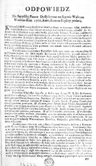 Odpowiedz na Supplikę Panow Dyssydentów na Seymie Walnym Warszawskim 1766. Anno, Stanom Rzpltey podaną